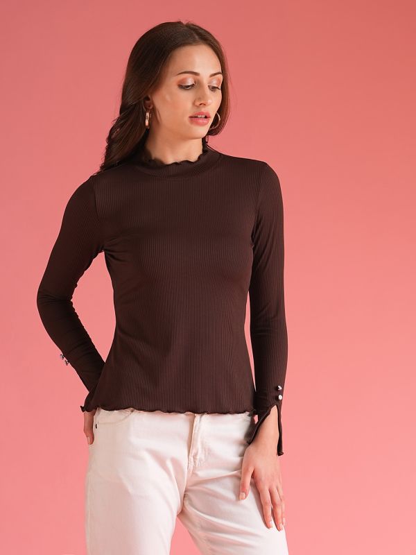 Globus Women Brown Stretchable Self Design High Neck Full Sleeves Workwear Top