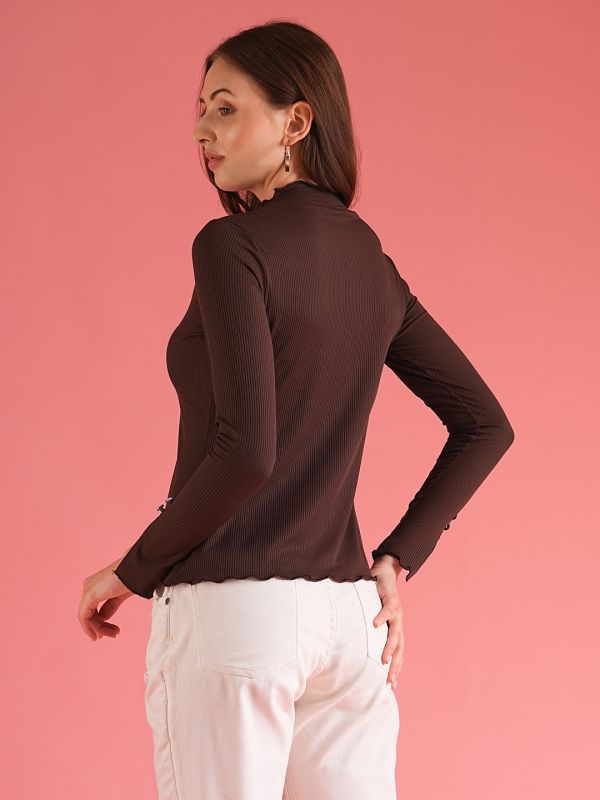 Globus Women Brown Stretchable Self Design High Neck Full Sleeves Workwear Top