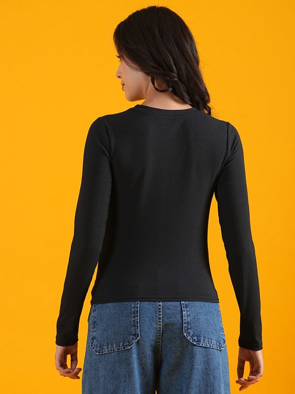 Globus Women Black Self Design Stretchable Twisted Detail Rib Knitted Top