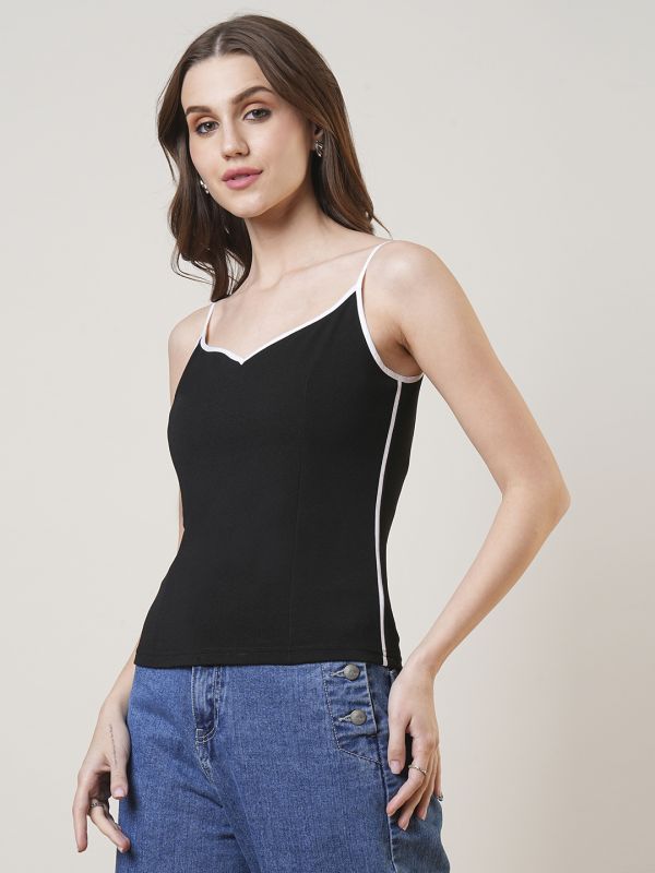 Globus Women Black Sweetheart Neck Adjustable Strappy Shoulder Stretchable Top