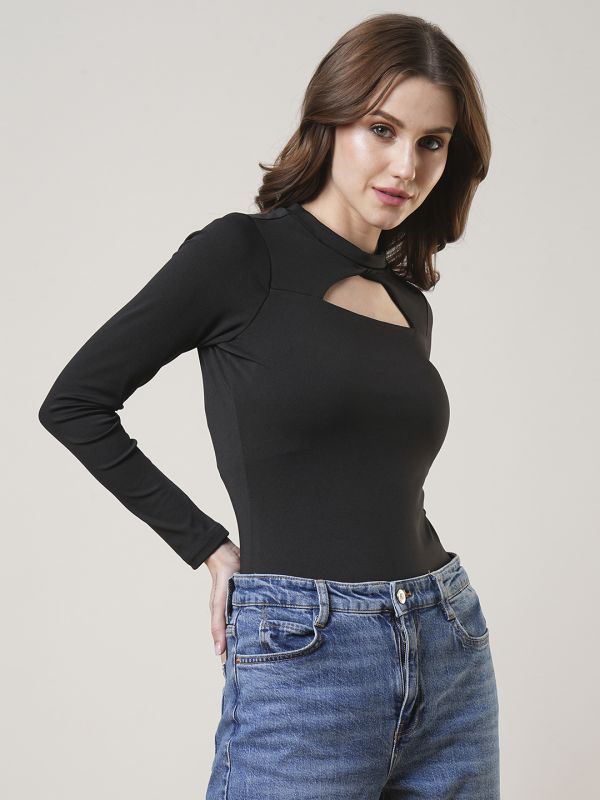 Globus Women Black Solid Twisted Keyhole Neck Long Sleeves Stretchable Bodysuit Top