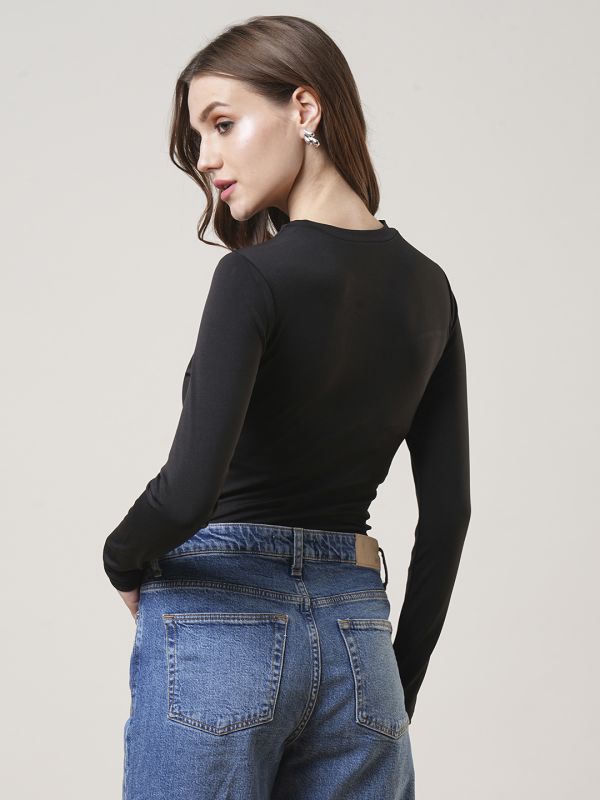 Globus Women Black Solid Twisted Keyhole Neck Long Sleeves Stretchable Bodysuit Top