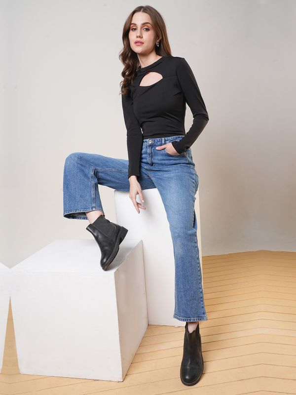 Globus Women Black Solid Twisted Keyhole Neck Long Sleeves Stretchable Bodysuit Top