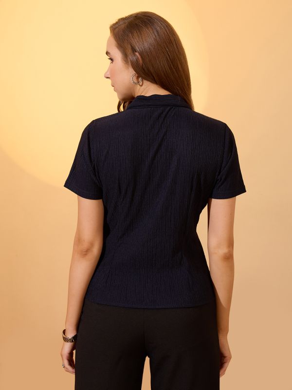 Globus Women Navy Blue Self Design Notch Lapel Collar Short Sleeves Work Wear Shirt