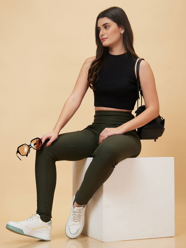 Globus Women Olive Solid High Rise Skinny Fit Tregging