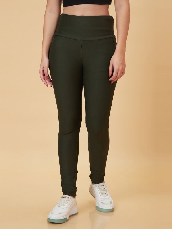 Globus Women Olive Solid High Rise Skinny Fit Tregging