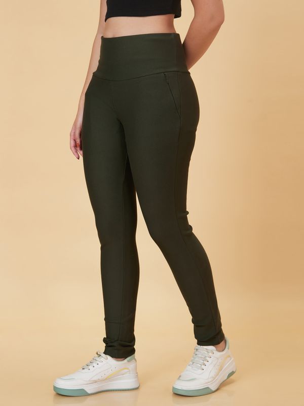 Globus Women Olive Solid High Rise Skinny Fit Tregging