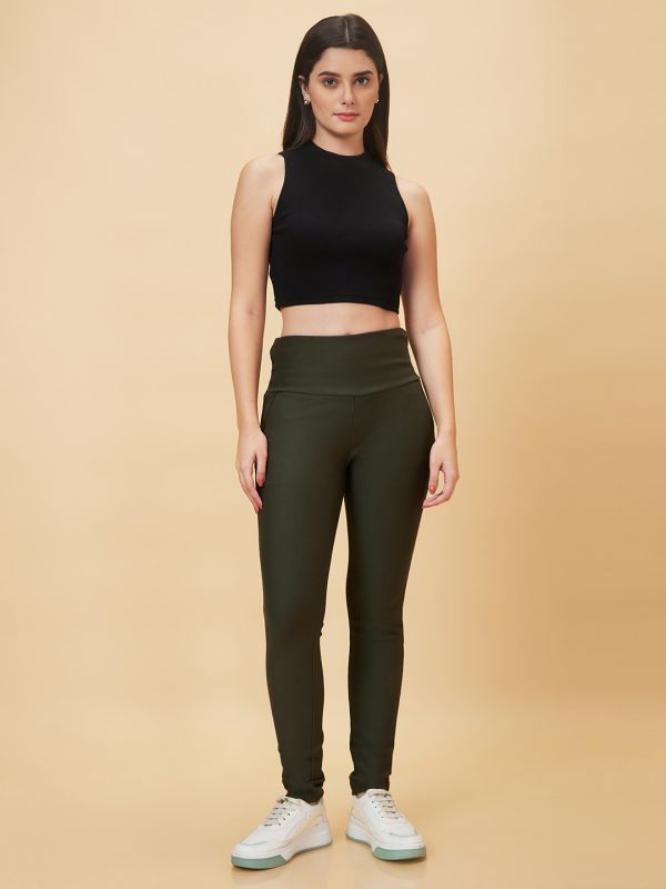 Globus Women Olive Solid High Rise Skinny Fit Tregging