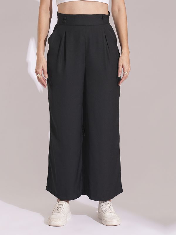 Globus Women Black High-Rise Pleated Back Frilled Waist Wide Leg Trousers