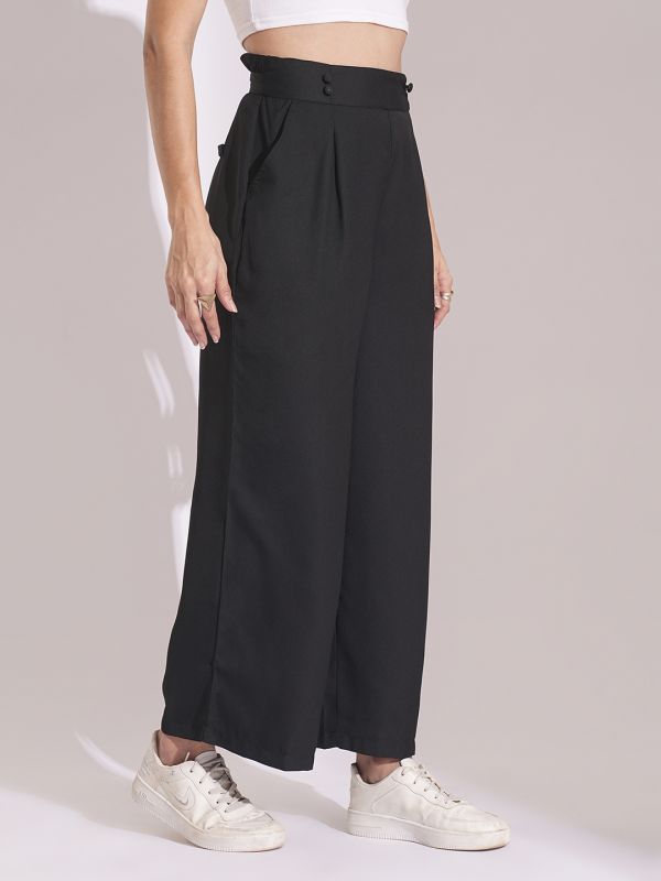 Globus Women Black High-Rise Pleated Back Frilled Waist Wide Leg Trousers