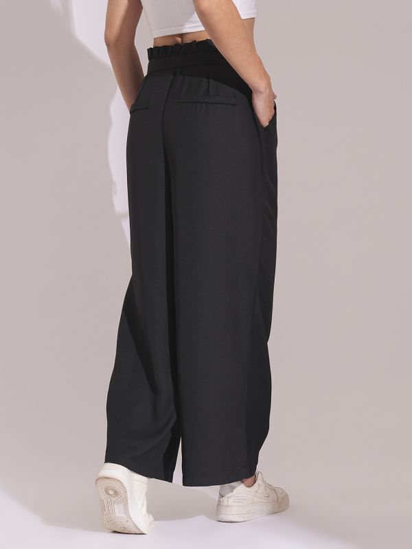 Globus Women Black High-Rise Pleated Back Frilled Waist Wide Leg Trousers