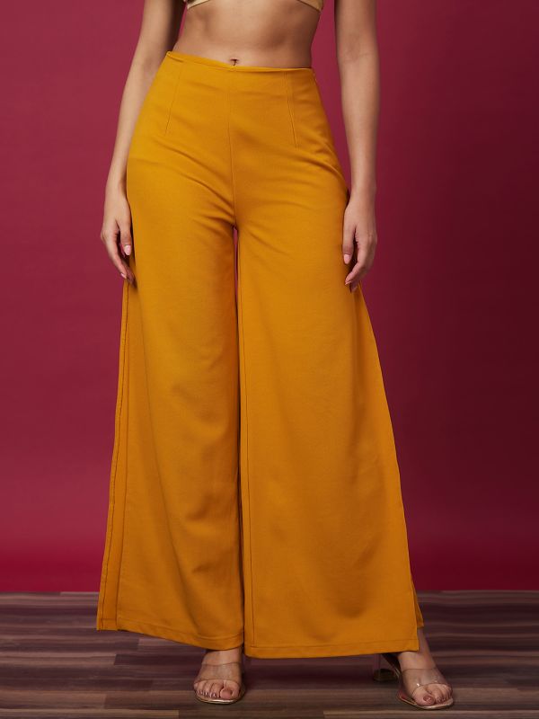 Globus Women Mustard Solid High-Rise Side Slit Loose Fit Parallel Trousers