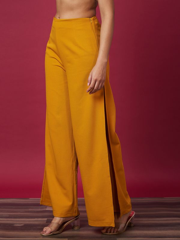 Globus Women Mustard Solid High-Rise Side Slit Loose Fit Parallel Trousers