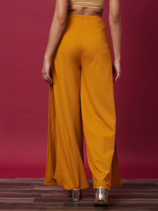 Globus Women Mustard Solid High-Rise Side Slit Loose Fit Parallel Trousers