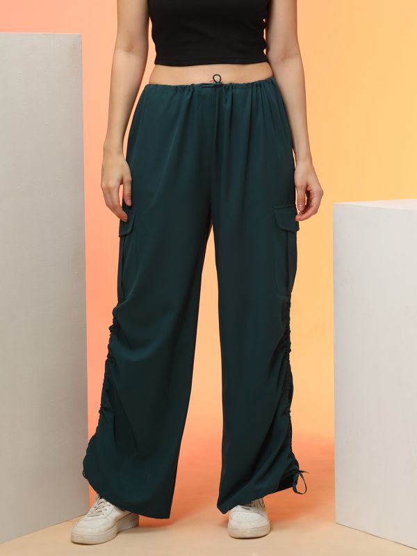 Globus Women Forest Green Loose Fit Side Ruching High Rise Cargo Jogger With Drawstring