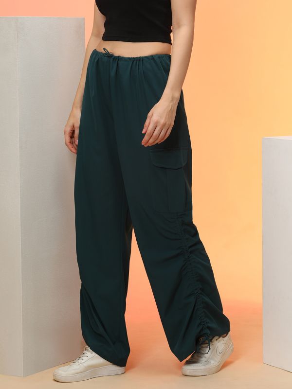 Globus Women Forest Green Loose Fit Side Ruching High Rise Cargo Jogger With Drawstring