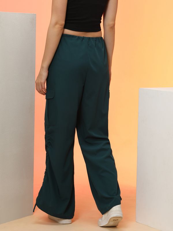 Globus Women Forest Green Loose Fit Side Ruching High Rise Cargo Jogger With Drawstring