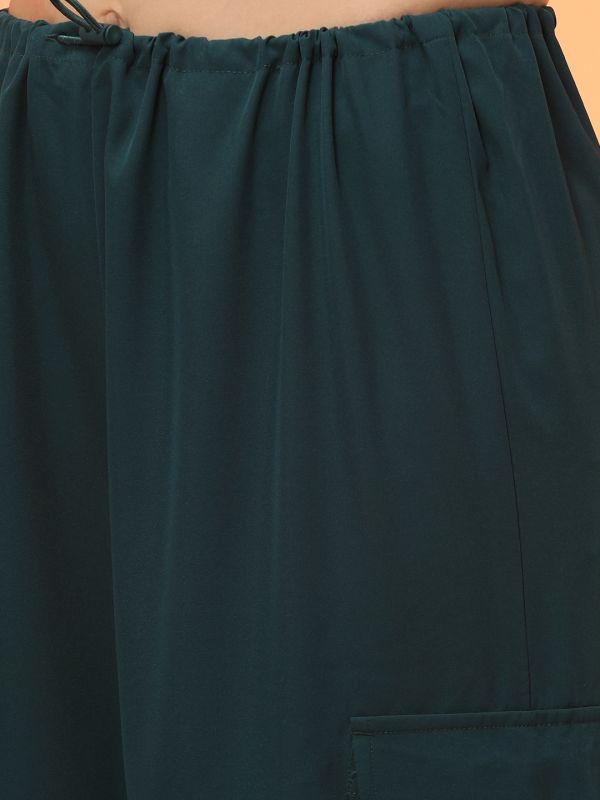 Globus Women Forest Green Loose Fit Side Ruching High Rise Cargo Jogger With Drawstring