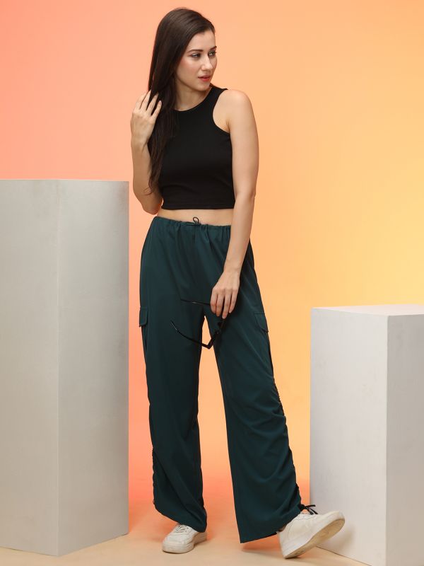 Globus Women Forest Green Loose Fit Side Ruching High Rise Cargo Jogger With Drawstring