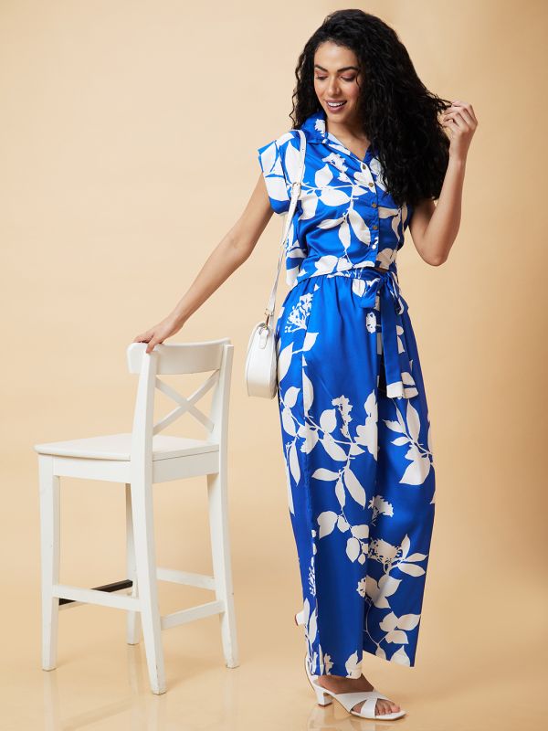 Globus Women Blue Floral Print Casual Co-Ord Set With Top And Palazzo