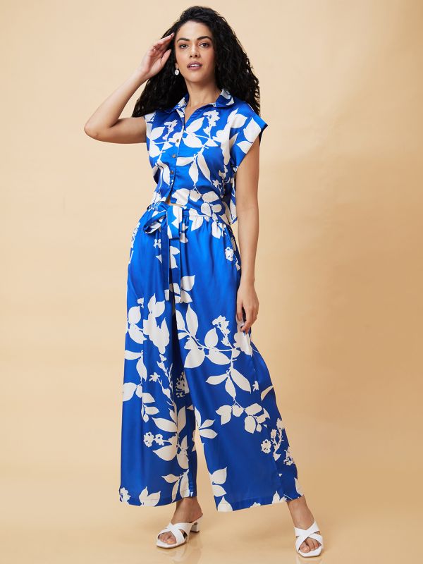 Globus Women Blue Floral Print Casual Co-Ord Set With Top And Palazzo