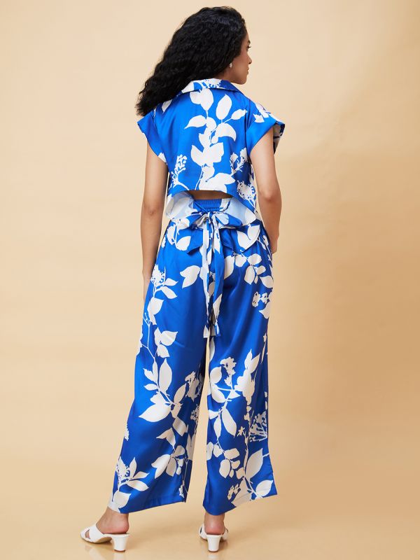 Globus Women Blue Floral Print Casual Co-Ord Set With Top And Palazzo