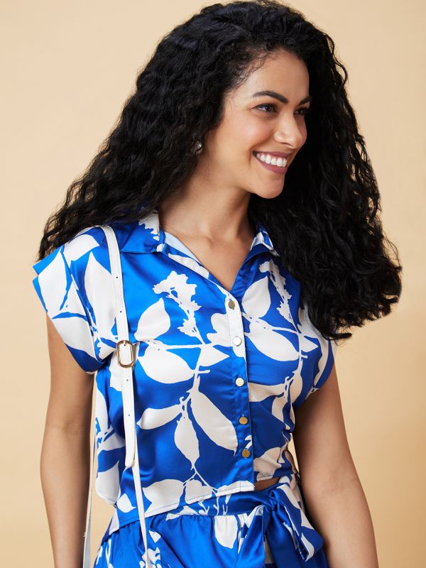 Globus Women Blue Floral Print Casual Co-Ord Set With Top And Palazzo