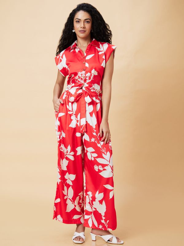 Globus Women Red Floral Print Casual Co-Ord Set With Top And Palazzo