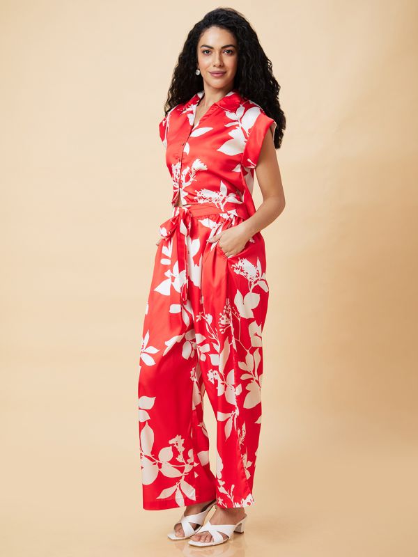 Globus Women Red Floral Print Casual Co-Ord Set With Top And Palazzo