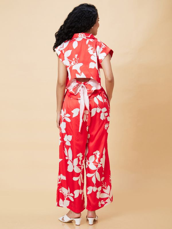 Globus Women Red Floral Print Casual Co-Ord Set With Top And Palazzo