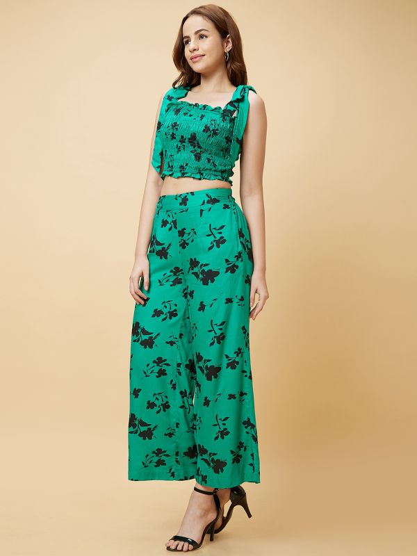 Globus Women Green Printed Casual Co-Ord Set with Smocked Crop Top and Palazzo