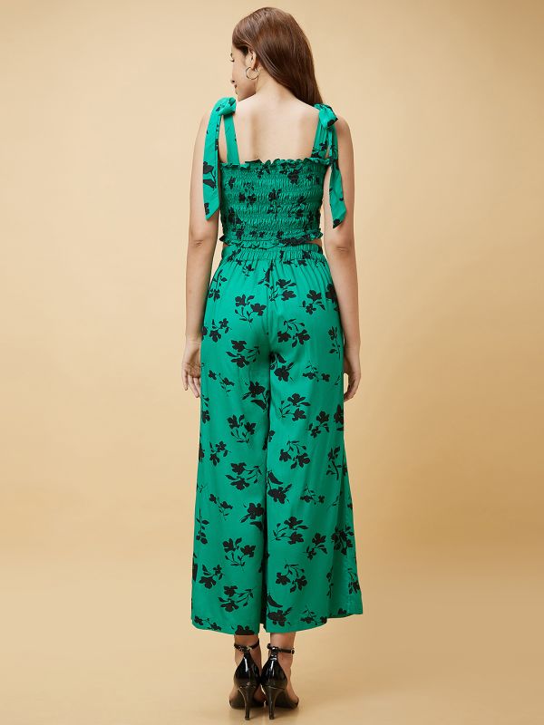 Globus Women Green Printed Casual Co-Ord Set with Smocked Crop Top and Palazzo
