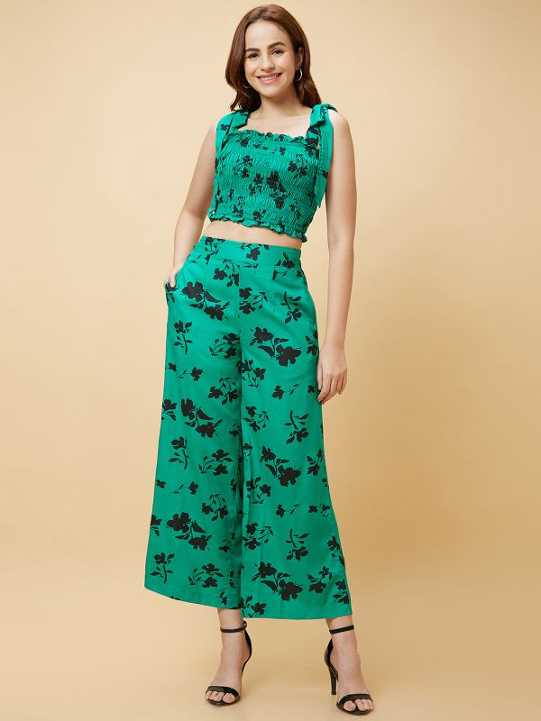 Globus Women Green Printed Casual Co-Ord Set with Smocked Crop Top and Palazzo