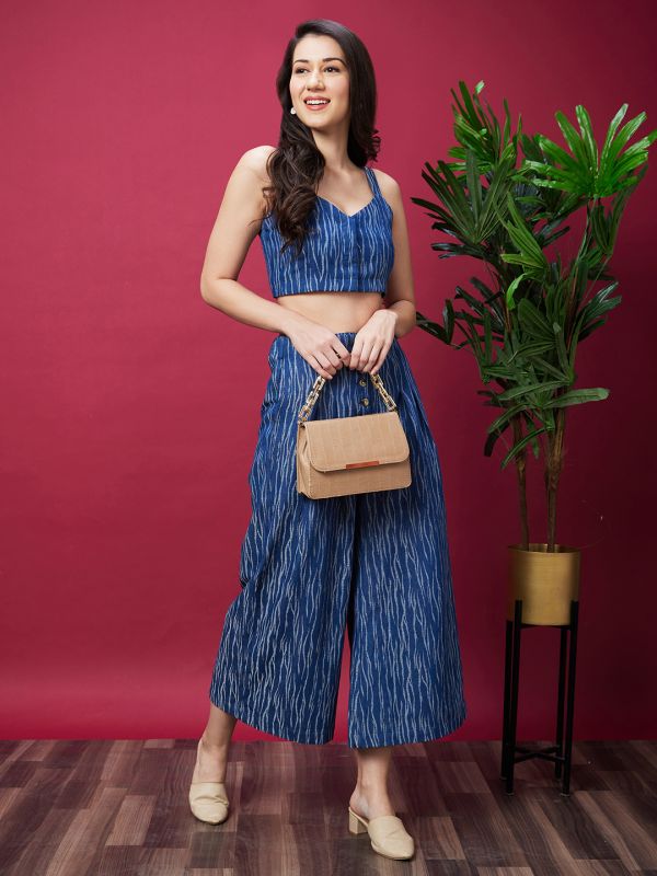 Globus Women Blue Self Design Co-Ord Set With Strappy Top And Trouser