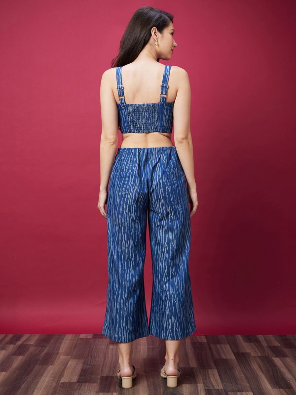 Globus Women Blue Self Design Co-Ord Set With Strappy Top And Trouser
