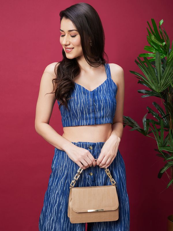 Globus Women Blue Self Design Co-Ord Set With Strappy Top And Trouser