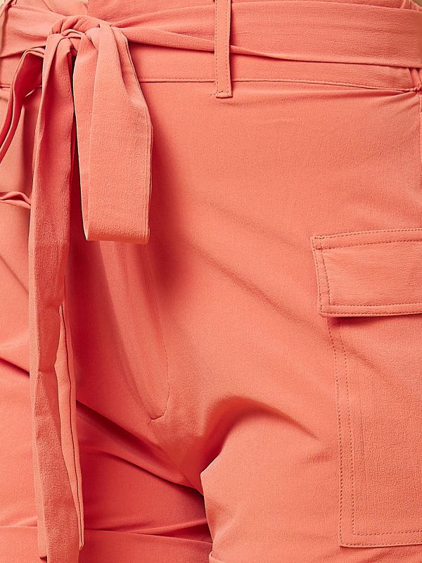 Globus Women Peach Solid Casual Co-Ord Set with Twisted Shirt Style Top and Cargo Shorts