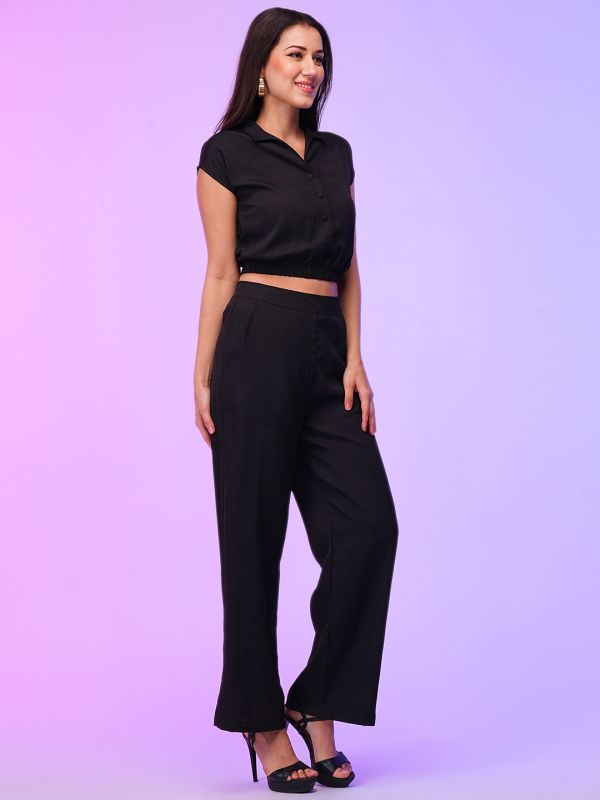 Globus Women Black Self Design Summer Shirt Style Crop Top & Wide Leg Trousers Co-Ord Set