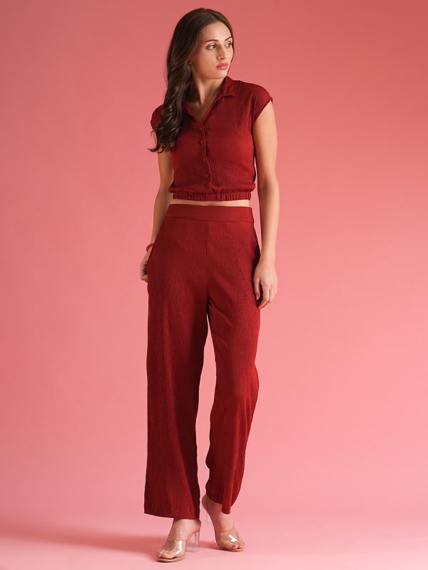 Globus Women Maroon Self Design Summer Shirt Style Crop Top With Trouser Co-Ord Set