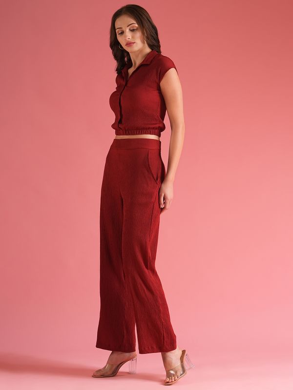 Globus Women Maroon Self Design Summer Shirt Style Crop Top With Trouser Co-Ord Set