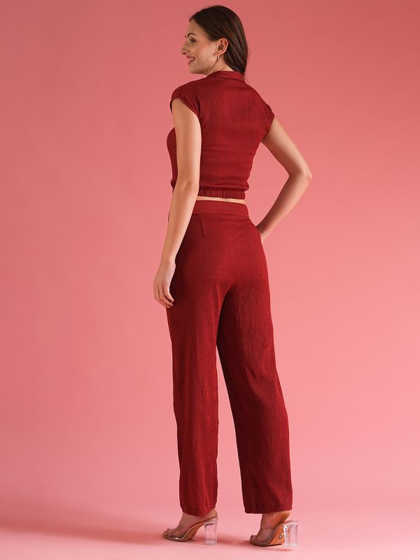 Globus Women Maroon Self Design Summer Shirt Style Crop Top With Trouser Co-Ord Set