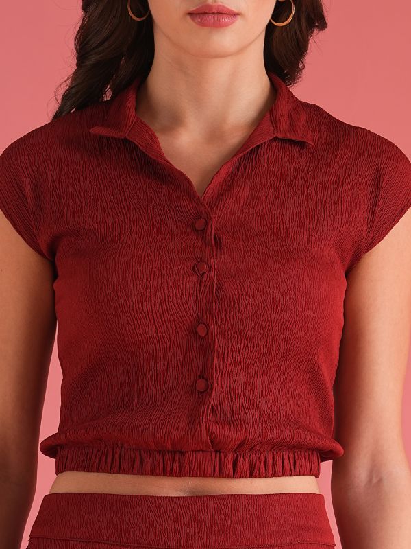 Globus Women Maroon Self Design Summer Shirt Style Crop Top With Trouser Co-Ord Set