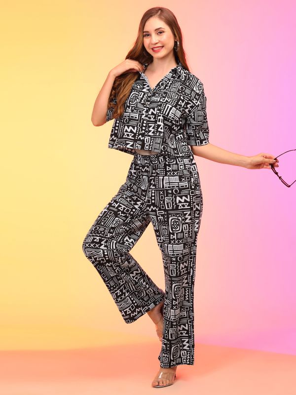 Globus Women Black Abstract Print Boxy Shirt & Trouser Co-Ord Set