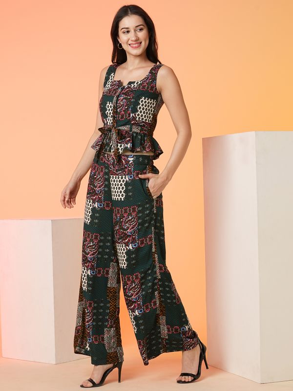 Globus Women Multi Square Neck Allover Ethnic Print Waist Tie-Up Peplum Crop Top & Palazzos Co-Ord Set