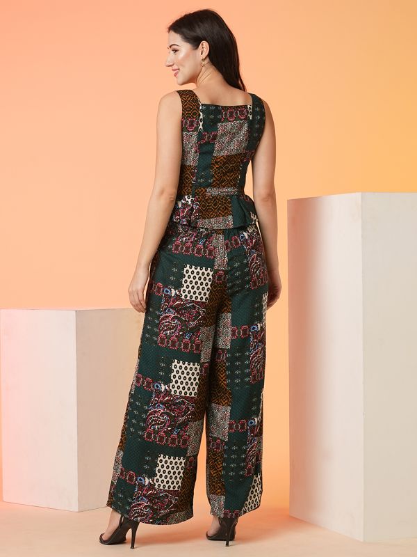 Globus Women Multi Square Neck Allover Ethnic Print Waist Tie-Up Peplum Crop Top & Palazzos Co-Ord Set