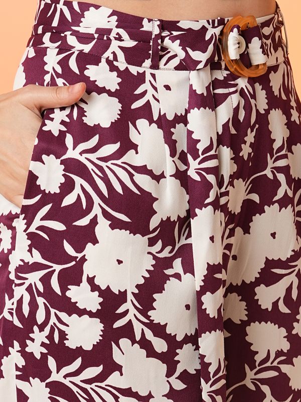 Globus Women Wine Printed Top & Trouser Co-Ord Set