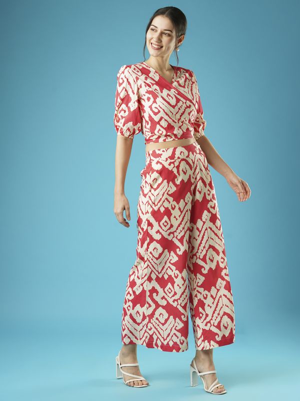 Globus Women Red Abstract Print Wrap Neck Tie-Back Top & Palazzos Co-Ord Set
