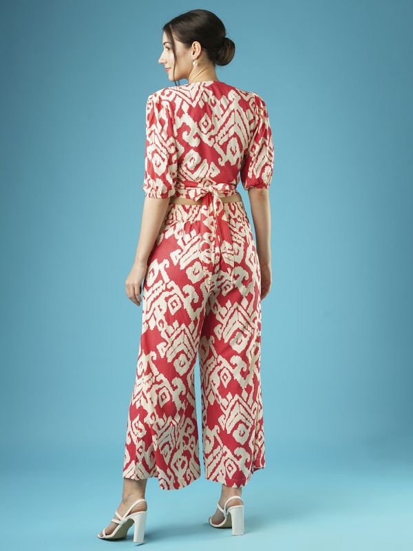 Globus Women Red Abstract Print Wrap Neck Tie-Back Top & Palazzos Co-Ord Set