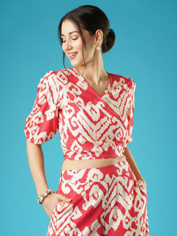 Globus Women Red Abstract Print Wrap Neck Tie-Back Top & Palazzos Co-Ord Set
