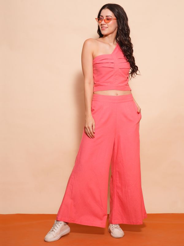Globus Women Coral One Shoulder Pleated Crop Top & Partially Elasticated Flared Palazzos Co-Ord Set